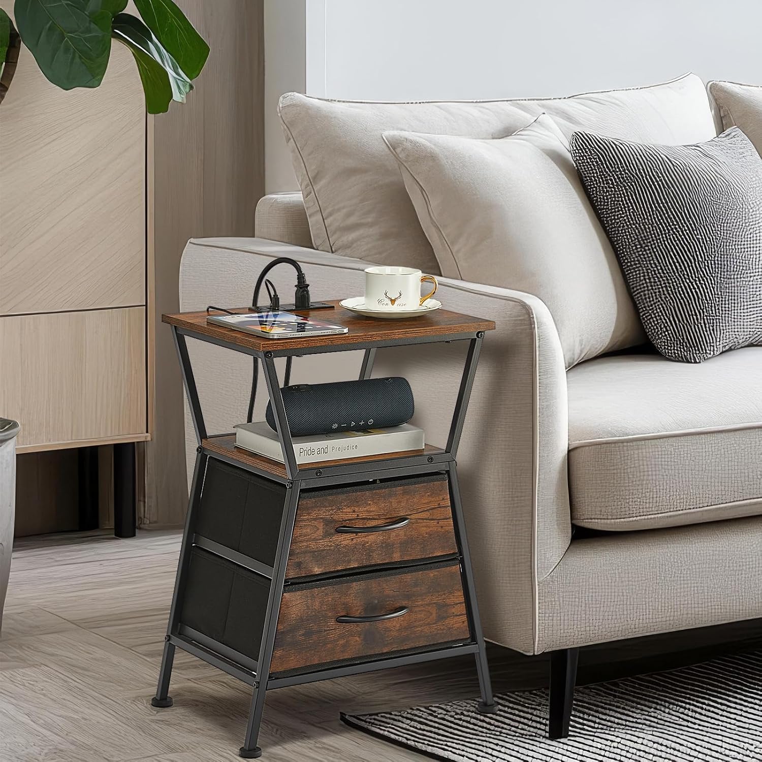 Nightstand with Charging Station, Side Tables for Bedroom with Built-in USB Side Table with 2 USB Ports and Outlets Nightstand with Cloth Drawer End Tables Living Room Sofa Couch