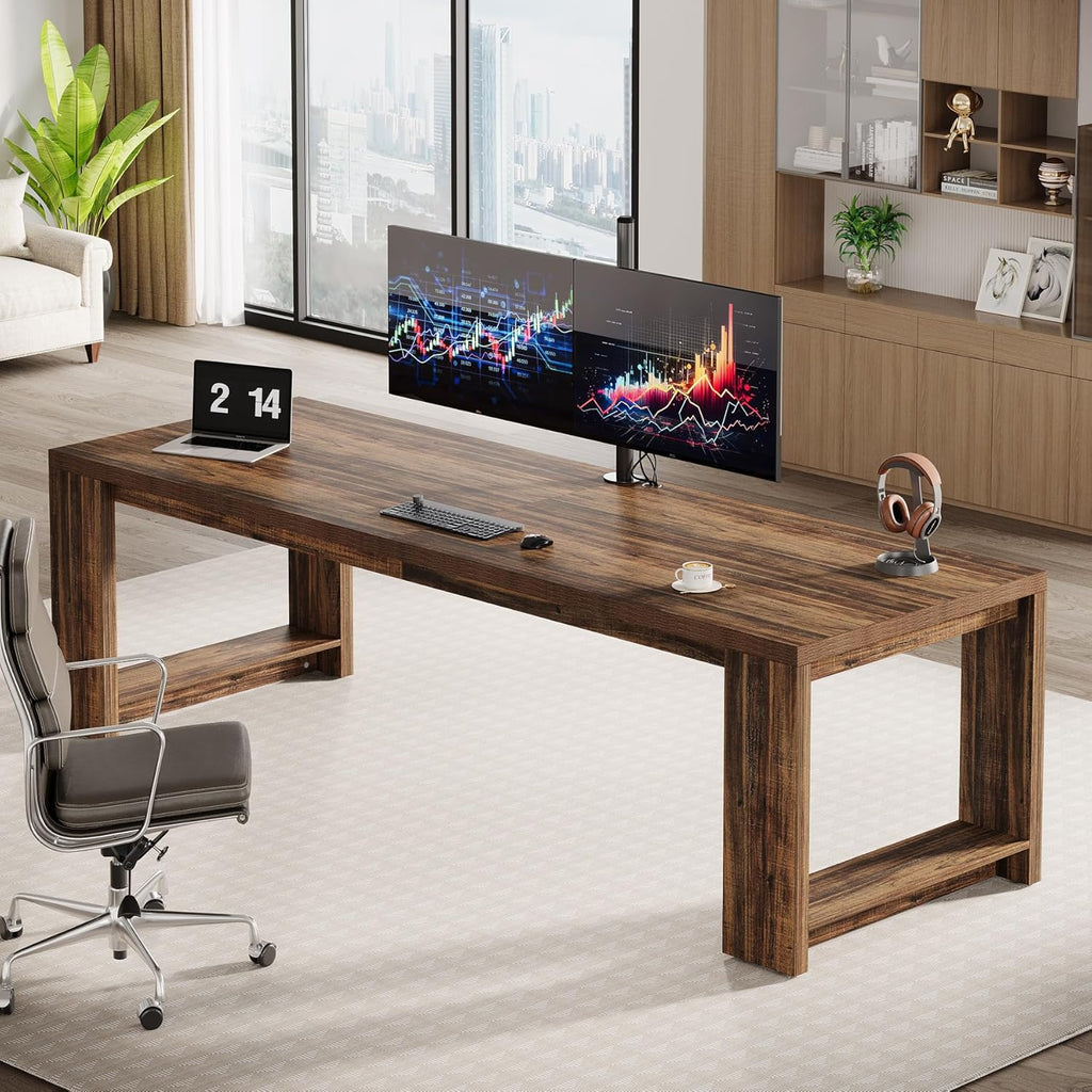 Tribesigns Two Person Desk, 86.6-Inch Extra Long Computer Desk, Two Person Double Desk Workstation for Home Office, Rustic Brown