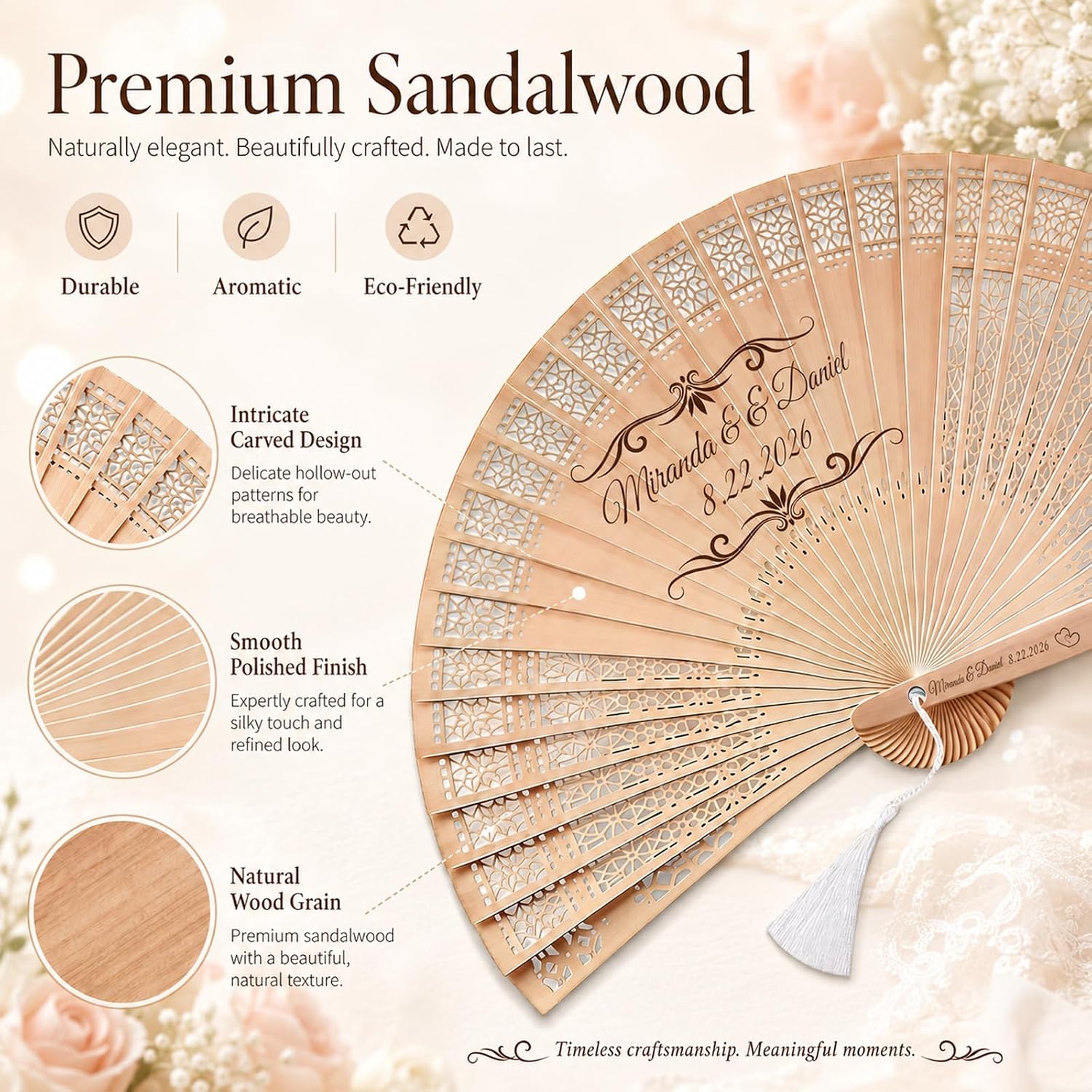 Personalized Wedding Fans for Guests, Custom Wooden Folding Hand Fans Bulk, Engraved Sandalwood Handheld Fans with Organza Bags & Tassels, Party, Bridal & Birthday Shower Favors (30PCS)