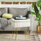 Greenstell Vanity Stool Chair Faux Fur with Storage, 15.7"L x 11.8"W x 19.4"H Soft Ottoman 4 Metal Legs with Anti-Slip Feet, Furry Padded Seat, Modern Multifunctional Chairs for Makeup, Bedroom White