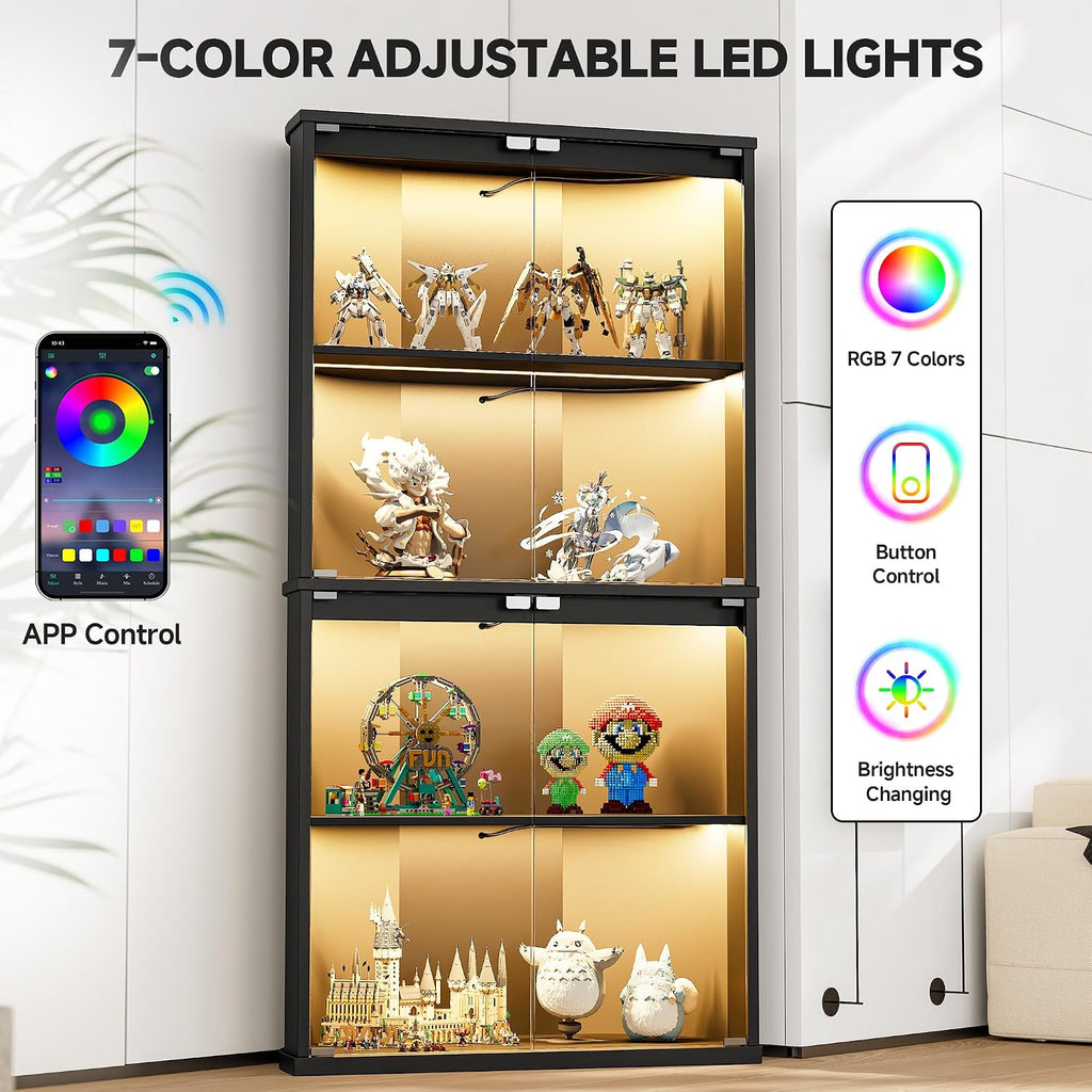 Loomie Corner Display Cabinet with 7 Color LED Lights, 62" Lighted Curio Cabinet with Glass Doors for Collectibles, 4-Tier Showcase Display Case with Human Body Sensor for Toys, Books, Black