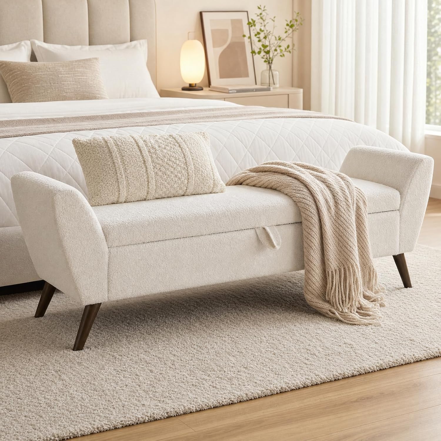 60" Storage Ottoman Bench, Teddy Fabric End of Bed Bench with Solid Wood Legs, Large Hidden Storage for Bedroom & Entryway (Beige)