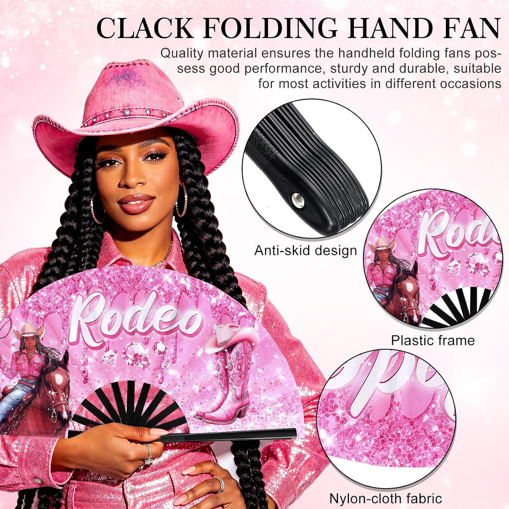 Blulu 13 Inch Line Dance Fan Rodeo Cowgirl Boots Fan Large Pink Glitter Popping Clapping Clacking Fans for Line Dancing Folding Rave Hand Fans for Dance, Party, Sports