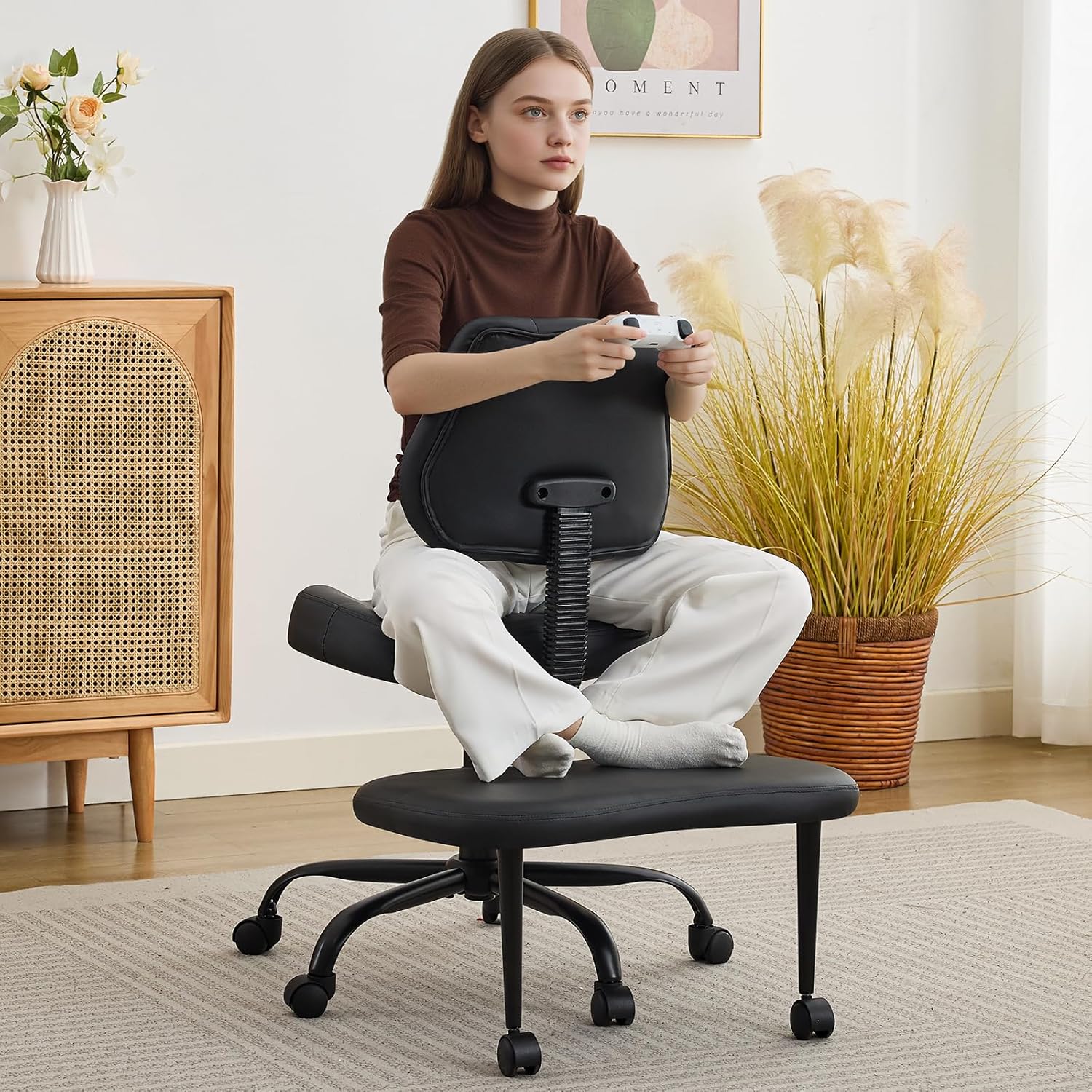 Criss Cross Legged Meditation Chair, Exquisite Home Office Furniture, Ergonomic Kneeling Chair with Lumbar Support and Adjustable Height Stool, for ADHD Adults