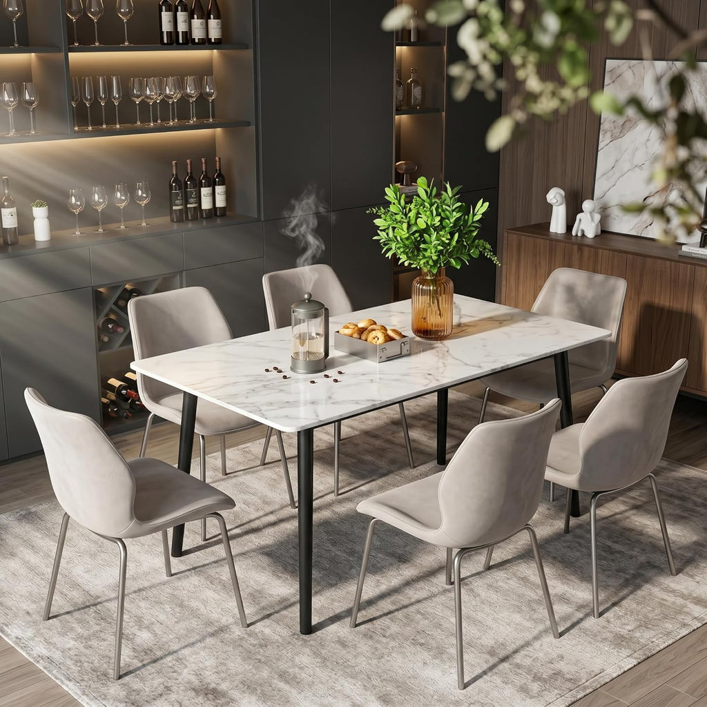 55 Inch Sintered Stone Dining Table for 4-6, White Faux Marble Rectangular Kitchen Table with Metal Legs, Scratch Heat Stain Resistant for Dining Room