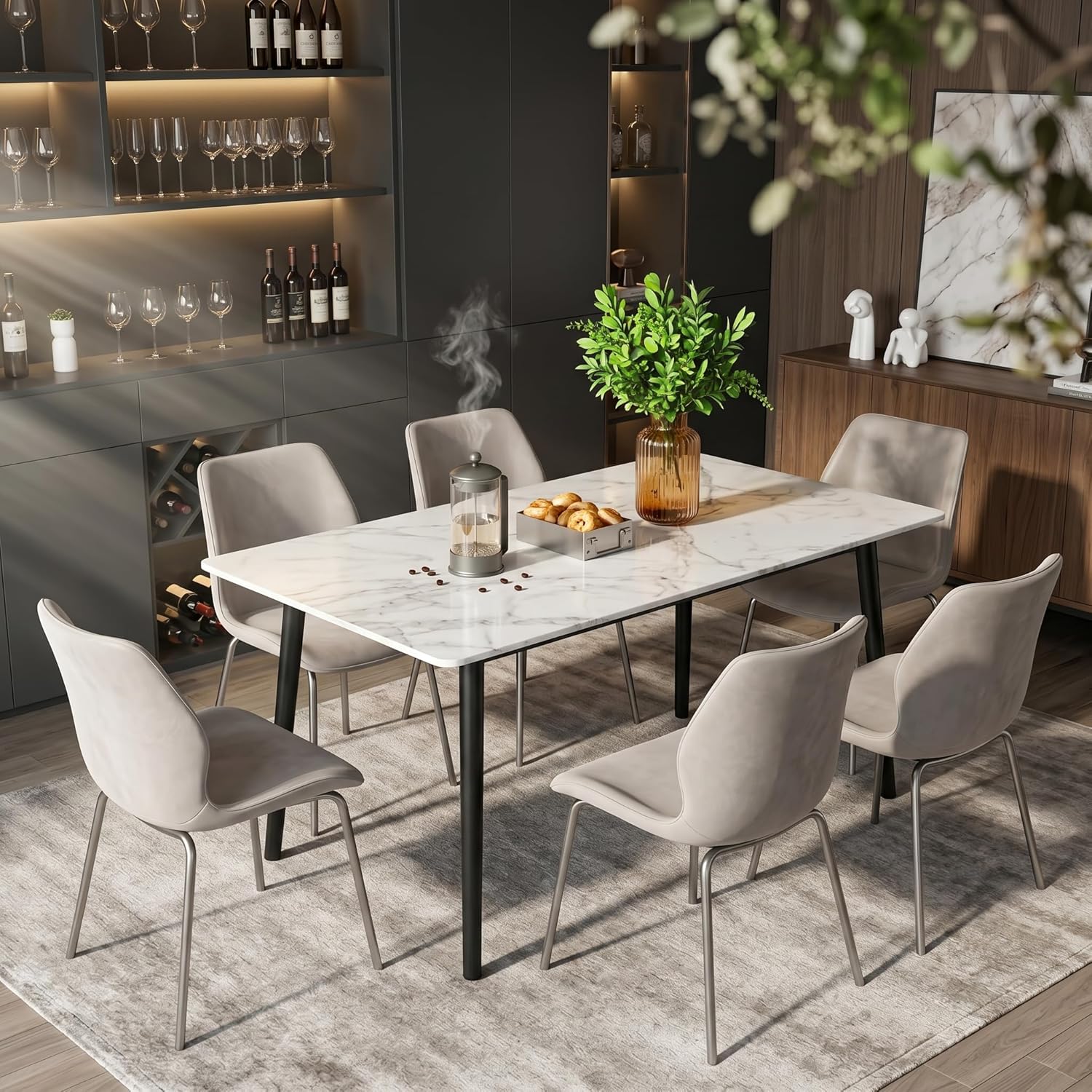 55 Inch Sintered Stone Dining Table for 4-6, White Faux Marble Rectangular Kitchen Table with Metal Legs, Scratch Heat Stain Resistant for Dining Room