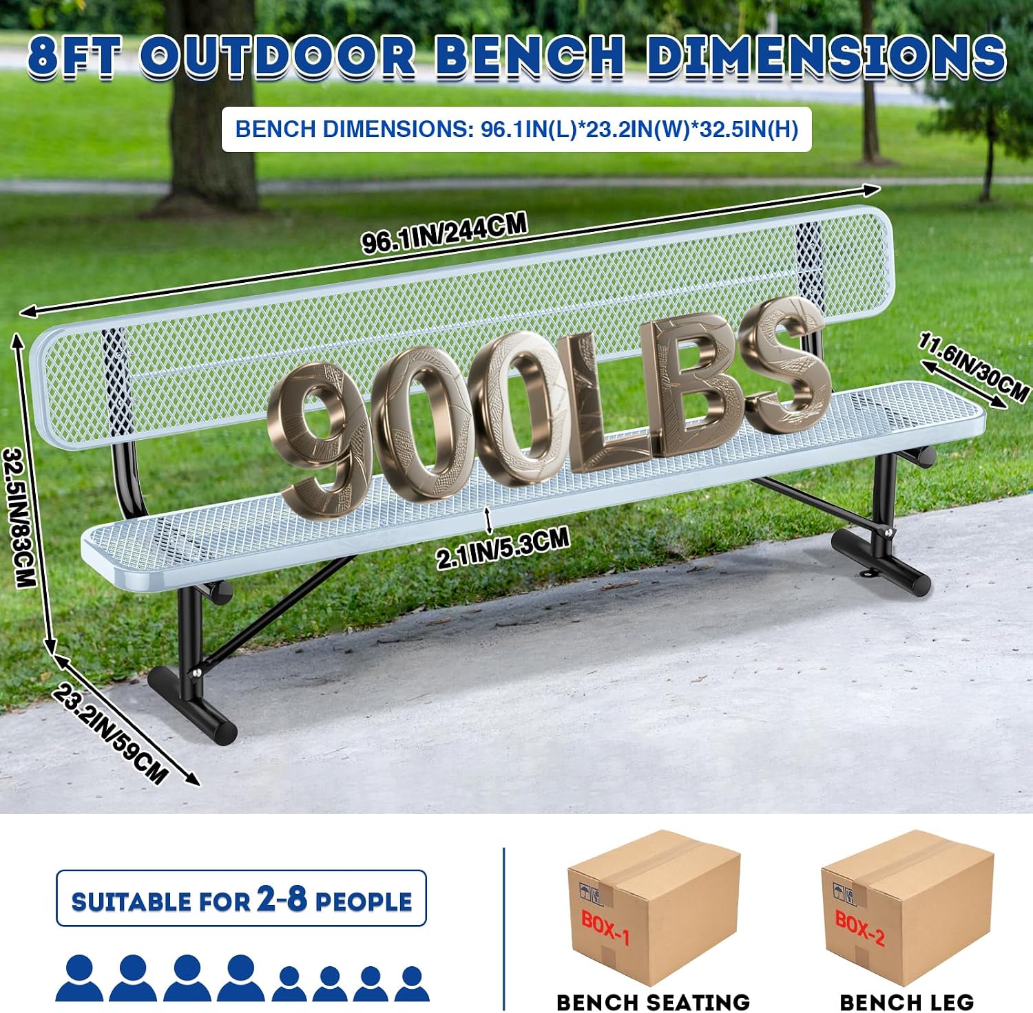 Heavy-Duty Park Bench for Outside - Black Coated Outdoor Furniture Steel Bench, Commercial-Grade Outdoor Benches Weatherproof for Park, Patio, Porch (Portable with Back, 4/6/8 Ft) (Grey, 8FT)