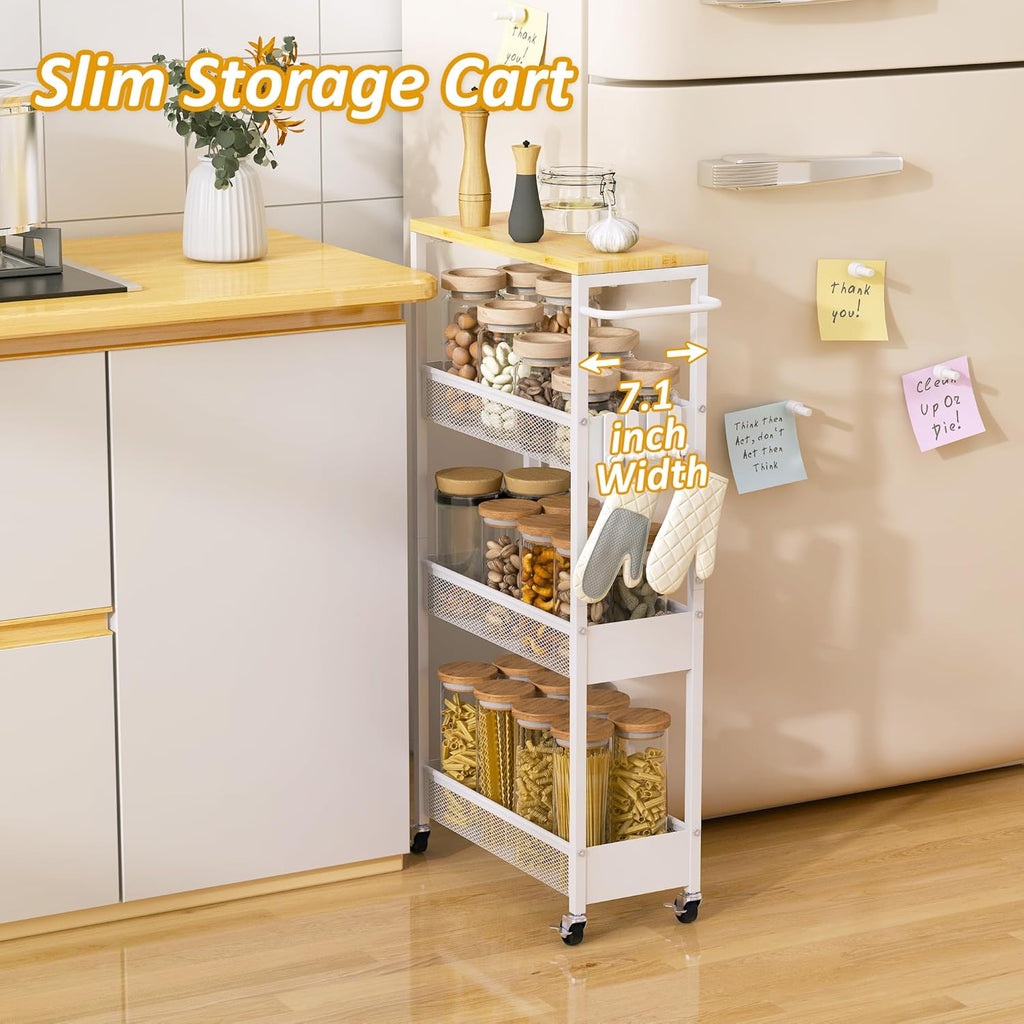 Vincona 7.1" Wide Slim Storage Cart on Wheels, 4 Tier Metal Narrow Rolling Cart with Handle and Wood Top, Multifunctional Small Mobile Shelf Unit Organizer Trolley for Laundry, Bathroom, Kitchen