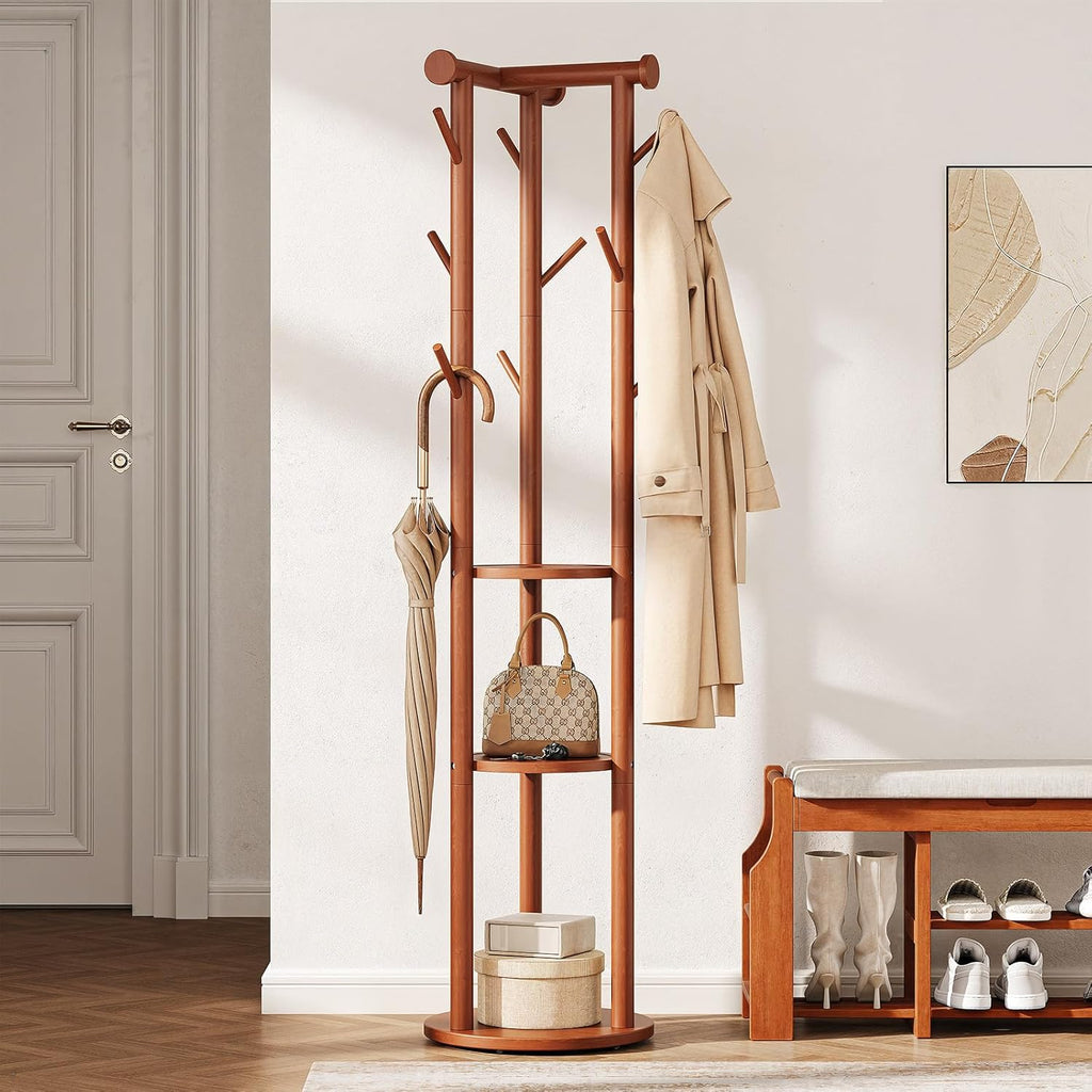 Pipishell Rolling Pine Wood Coat Rack, Freestanding Coat Tree with Wheels, 9 Hooks, T-Shaped Top & 3-Tier Shelves for Entryway, Hallway, Bedroom, Hall Tree for Coats, Bags, Hats & Scarves