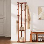 Pipishell Rolling Pine Wood Coat Rack, Freestanding Coat Tree with Wheels, 9 Hooks, T-Shaped Top & 3-Tier Shelves for Entryway, Hallway, Bedroom, Hall Tree for Coats, Bags, Hats & Scarves