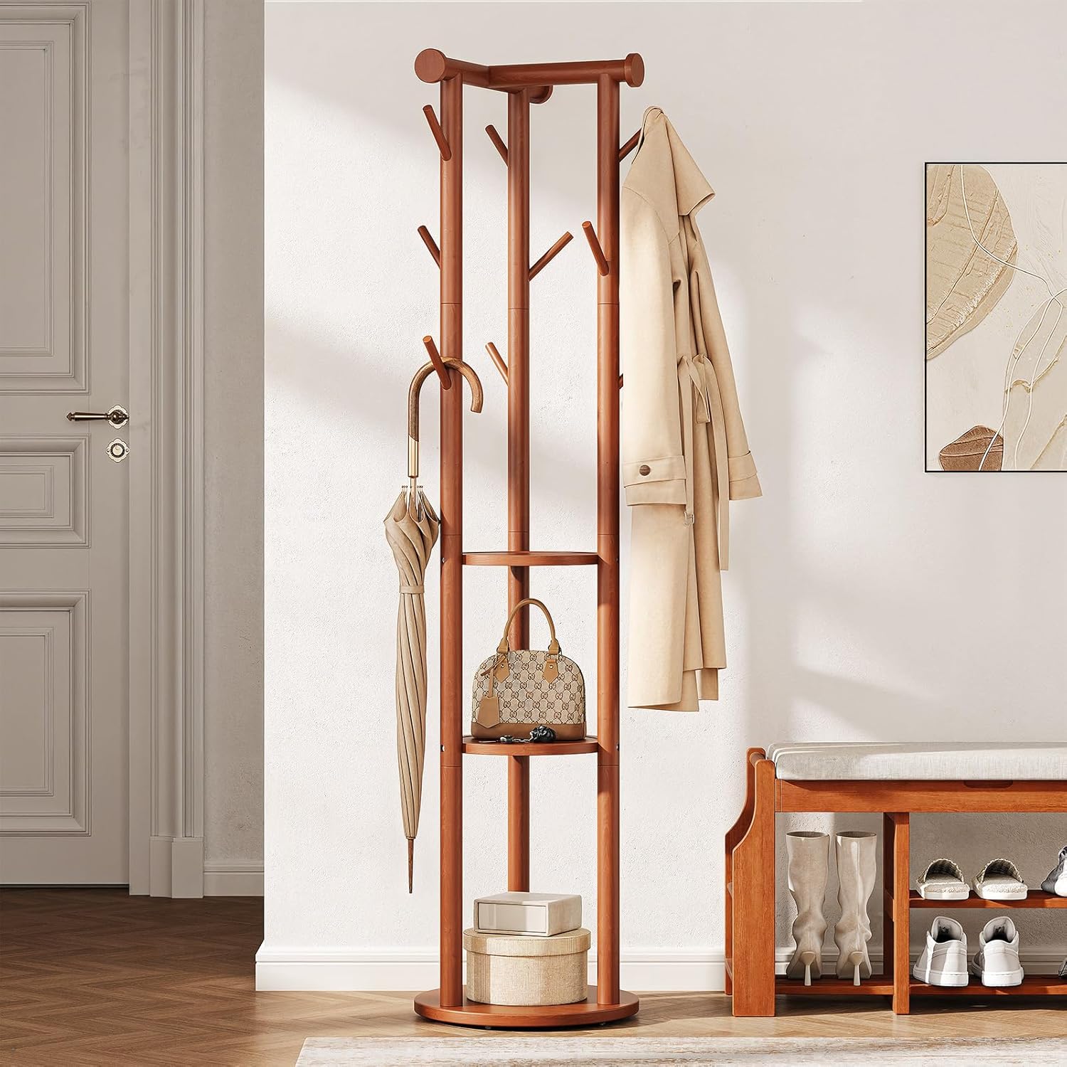 Pipishell Rolling Pine Wood Coat Rack, Freestanding Coat Tree with Wheels, 9 Hooks, T-Shaped Top & 3-Tier Shelves for Entryway, Hallway, Bedroom, Hall Tree for Coats, Bags, Hats & Scarves