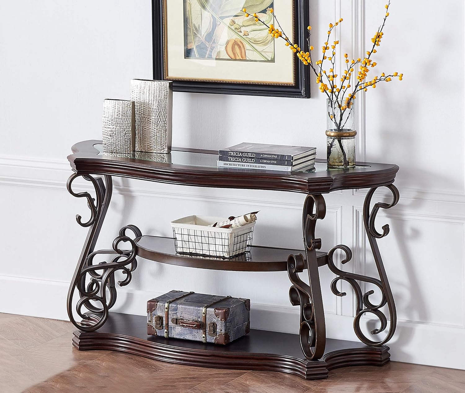 SSLine Vintage Wood Console Table Elegant Curved Rectangle Entryway Table with Tempered Glass Top & Marble Shelf Traditional 3-Tier Hallway Tables for Living Room Entrance(Dark Brown)