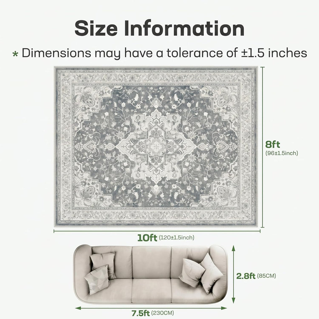 Marsail 8x10 Area Rugs,Rugs for Living Room,Bedroom,Machine Washable Area Rugs,Vintage Rug with Floral,Soft&Slip-Resistant Large Area Rug with Reinforced Bound Edges,Grey Rug