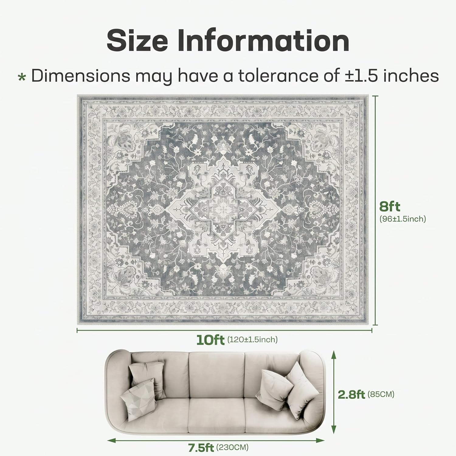 Marsail 8x10 Area Rugs,Rugs for Living Room,Bedroom,Machine Washable Area Rugs,Vintage Rug with Floral,Soft&Slip-Resistant Large Area Rug with Reinforced Bound Edges,Grey Rug