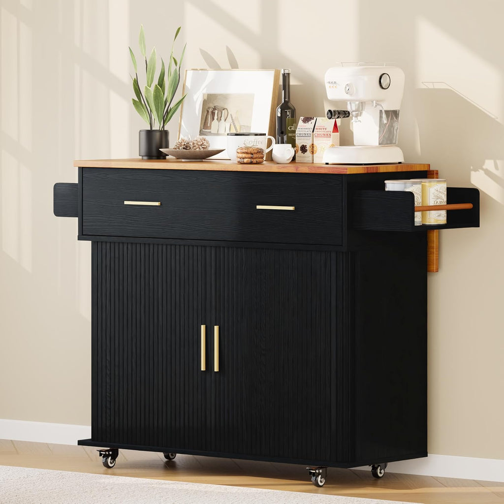 DHH Rolling Kitchen Island with Drop Leaf Countertop&Ample Storage - 39.4" Small Mobile Kitchen Cart On Wheels with Sliding Door,Drawers,Spice Rack & 2-Tier Storage(Black)