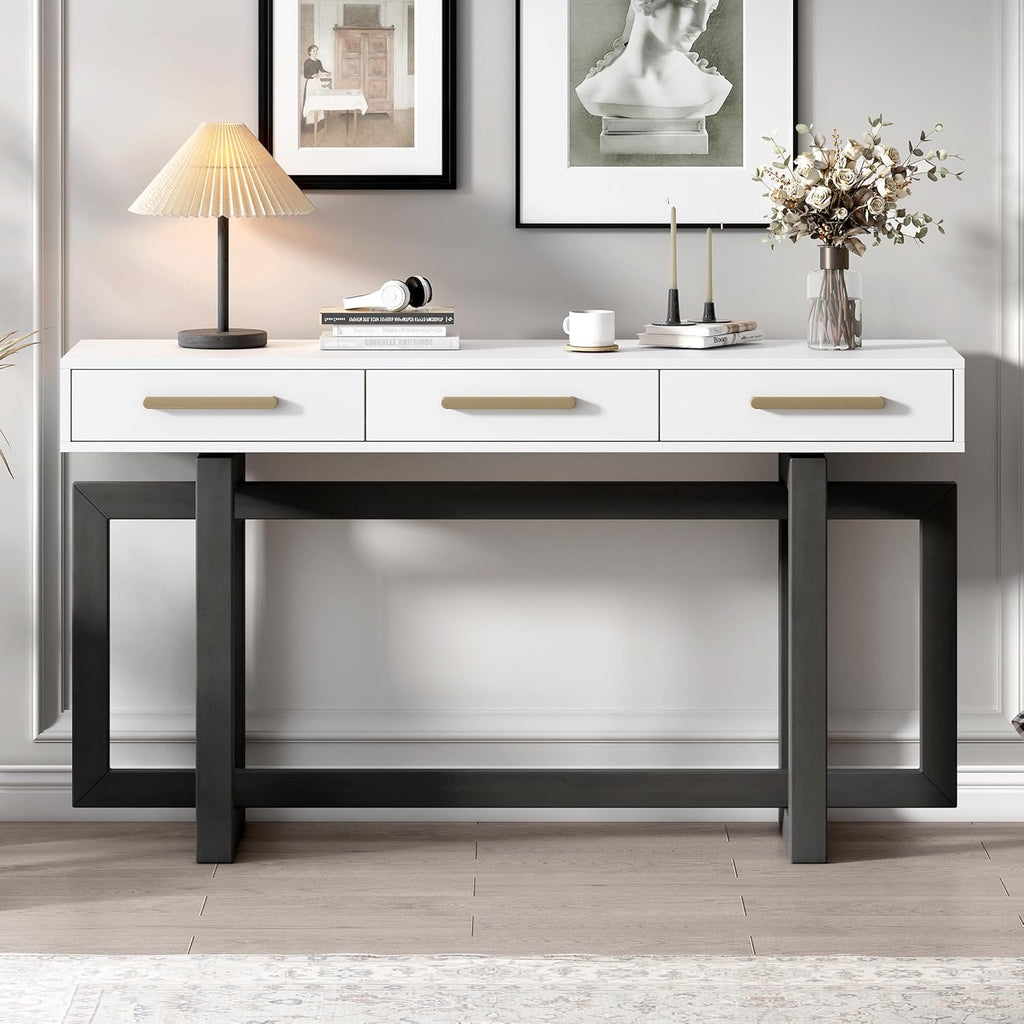 Contemporary Entryway Console Table 57-Inch Extra Long Minimalist Entry Sofa Table with Storage Drawers for Living Room Hallway, Gray & White