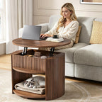 Decofy Round Lift Top Coffee Table with Storage, Fluted Mid-Century Modern Coffee Tables for Living Room, with Hidden Compartment & Open Shelves, for Small Spaces & Home Office(26.77" Walnut)
