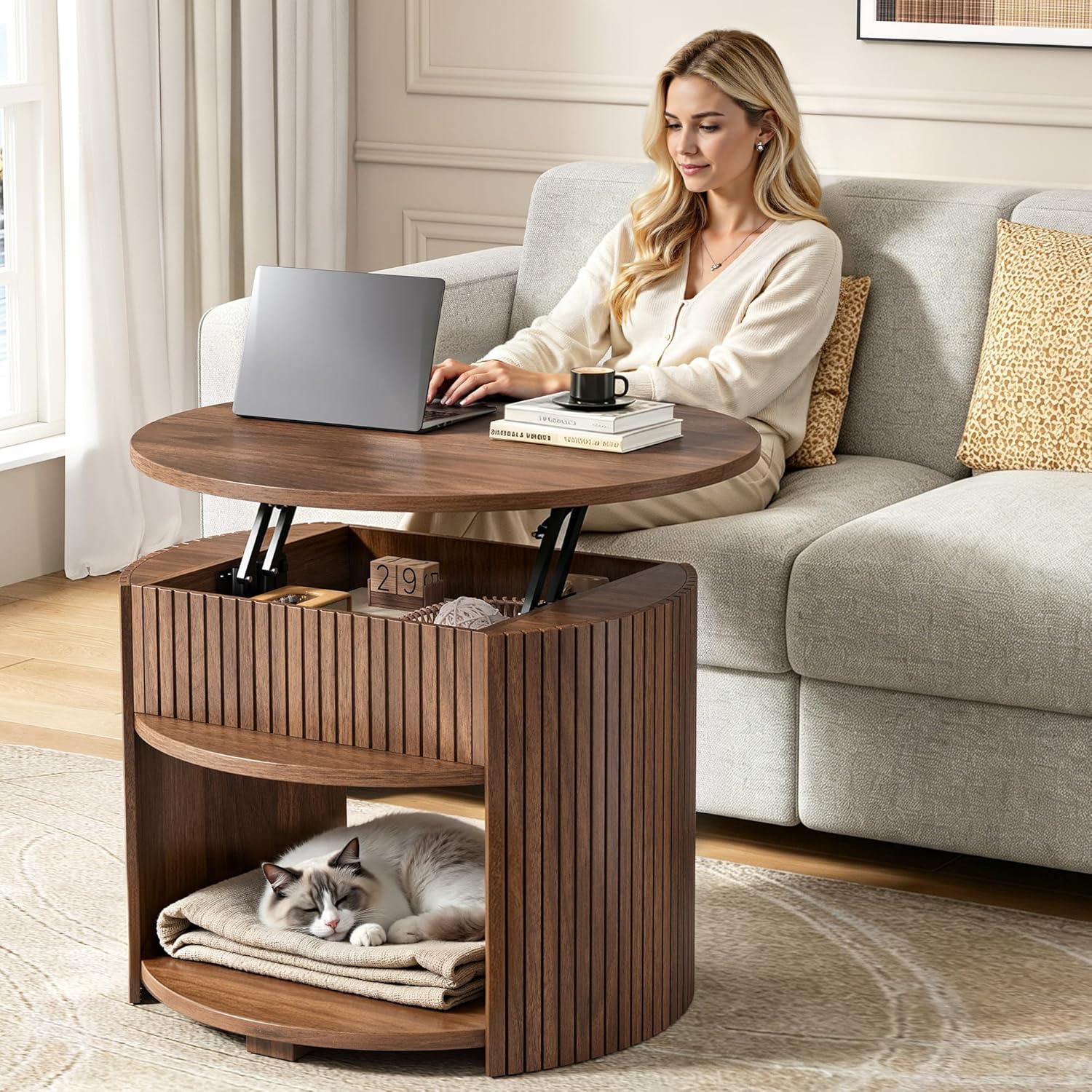 Decofy Round Lift Top Coffee Table with Storage, Fluted Mid-Century Modern Coffee Tables for Living Room, with Hidden Compartment & Open Shelves, for Small Spaces & Home Office(26.77" Walnut)