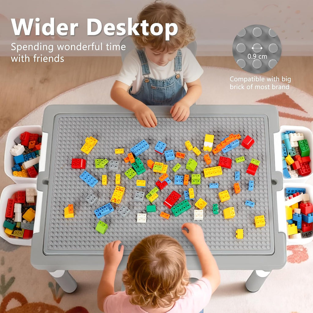 Kinder King Kids Table & 2 Chairs Set, Height Adjustable Children Activity Table w/Storage, Graffiti & Building Blocks Tabletop, Toddler Furniture Set for Classroom, Daycare, Home, Age 3+, Grey