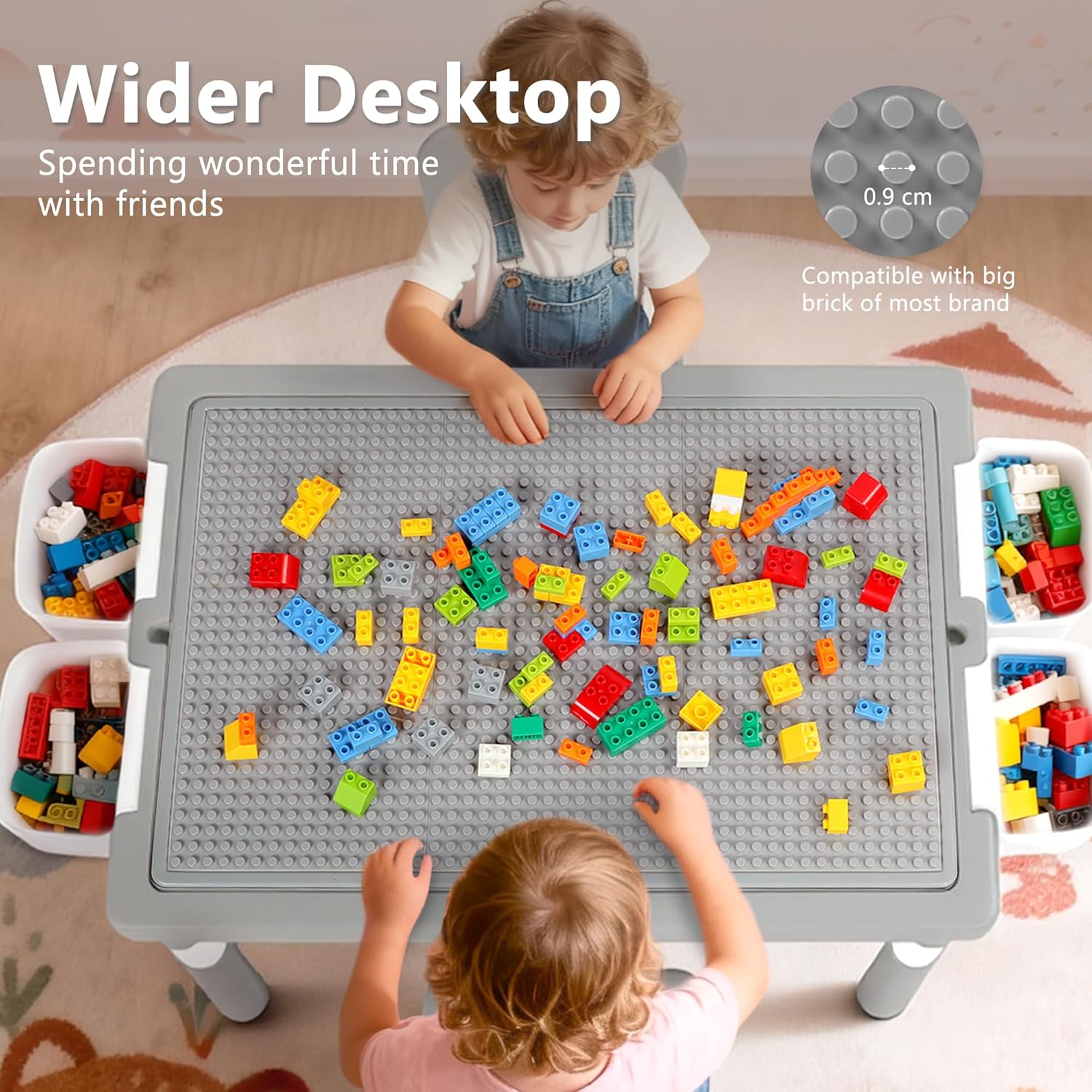 Kinder King Kids Table & 2 Chairs Set, Height Adjustable Children Activity Table w/Storage, Graffiti & Building Blocks Tabletop, Toddler Furniture Set for Classroom, Daycare, Home, Age 3+, Grey