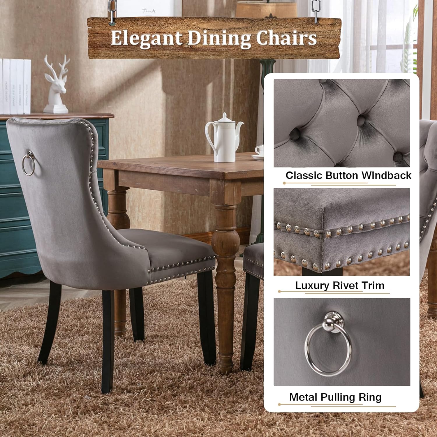 7-Piece Extendable Dining Table Set for 6, 63-78" Faux Travetine Kitchen Table Set for 6 with Grey Tufted Chairs, Rectangular Expandable Dining Room Table with Dual Columns Base,Space-Saving