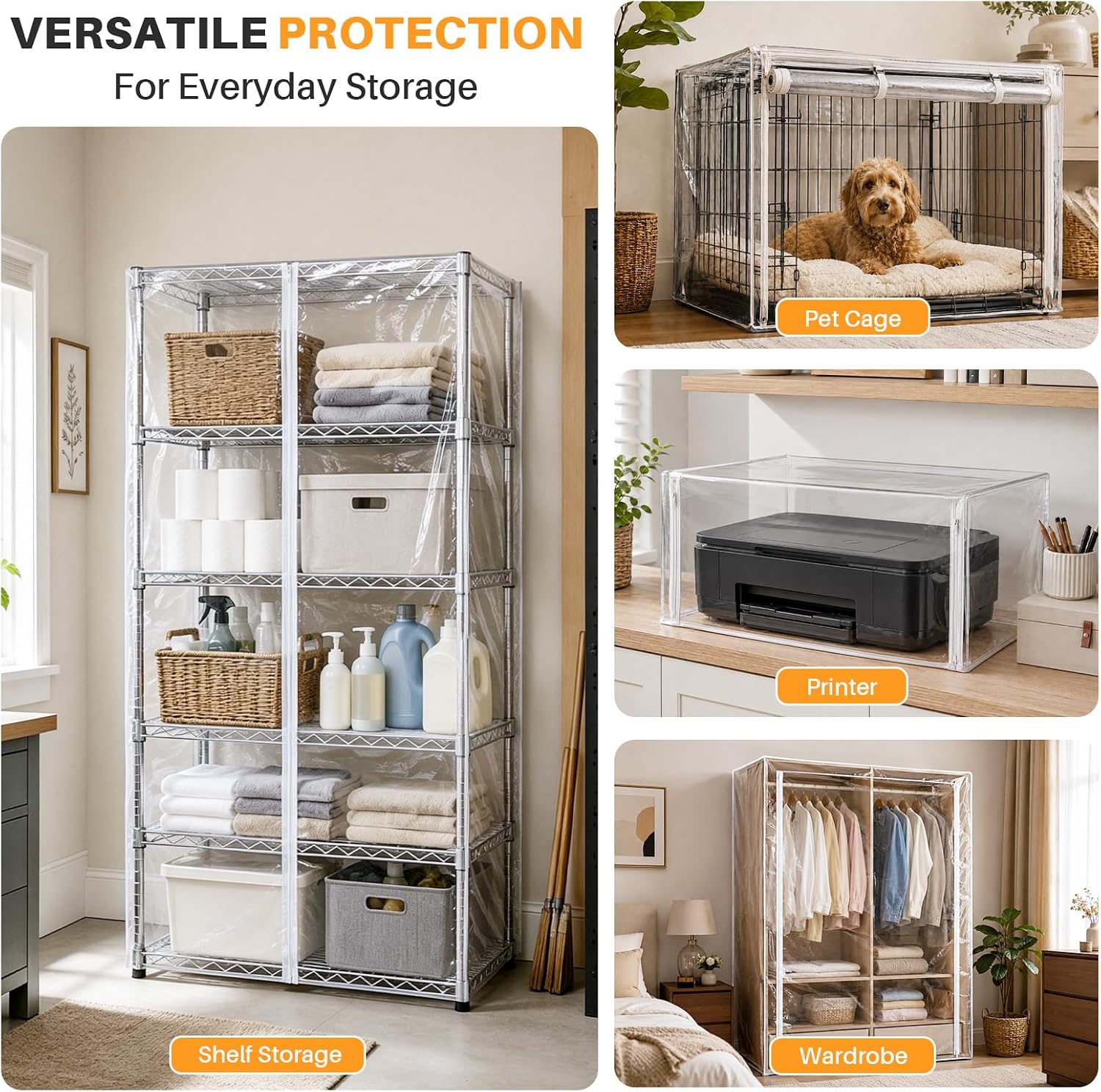 Custom Size Clear Wire Shelf Dust Cover,Waterproof Storage Wire Rack Covers with Zipper,Dustproof Shelf Covers for Wire Shelving,4 Styles, Durable PVC/Oxford Cloth