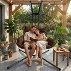 Wicker Double Hanging Egg Chair with Stasnd - Outdoor Porch Patio Swing Chair with Cushion for 2 Person, Rattan Hammock Chairs for Outside, Garden, Balcony (Brown)