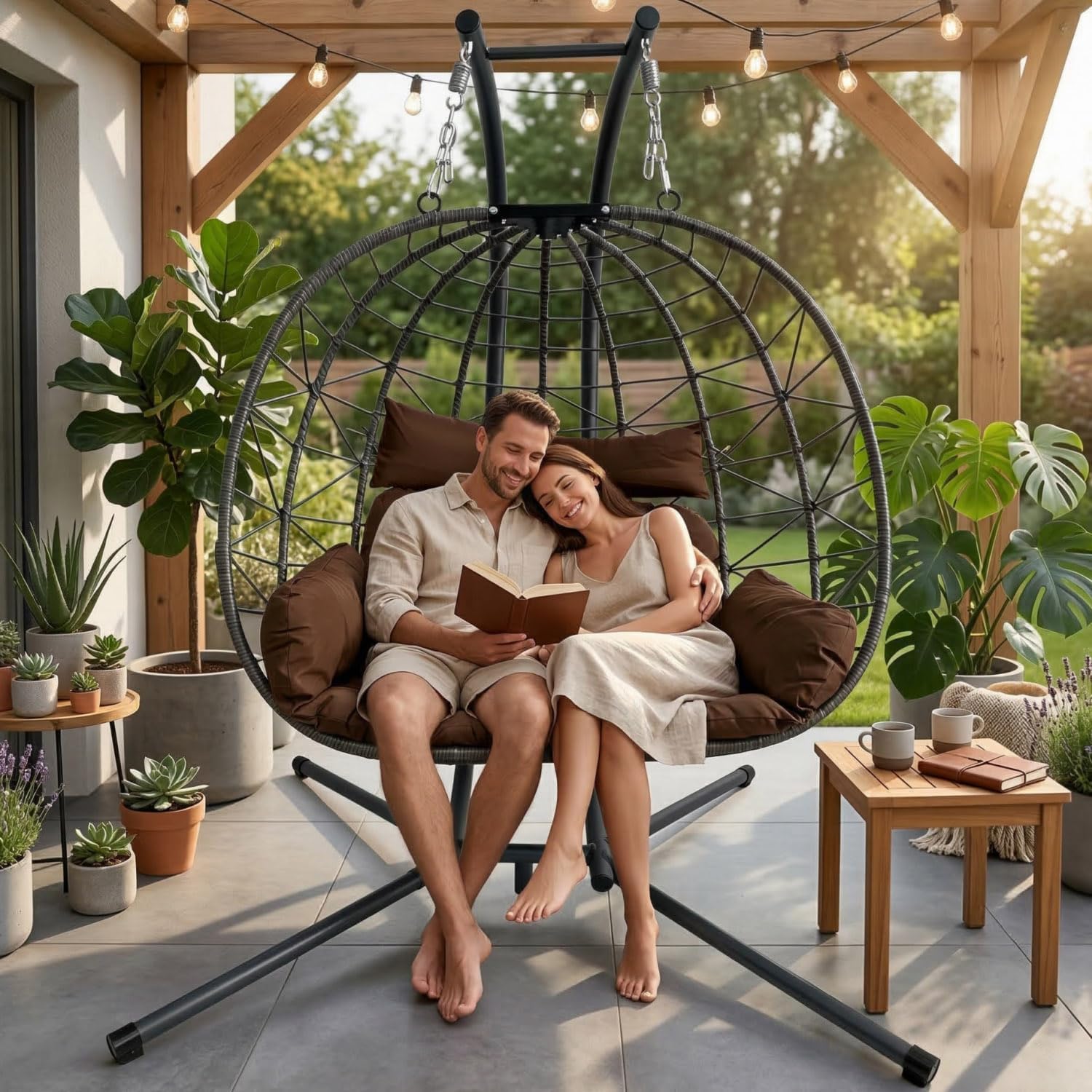 Wicker Double Hanging Egg Chair with Stasnd - Outdoor Porch Patio Swing Chair with Cushion for 2 Person, Rattan Hammock Chairs for Outside, Garden, Balcony (Brown)