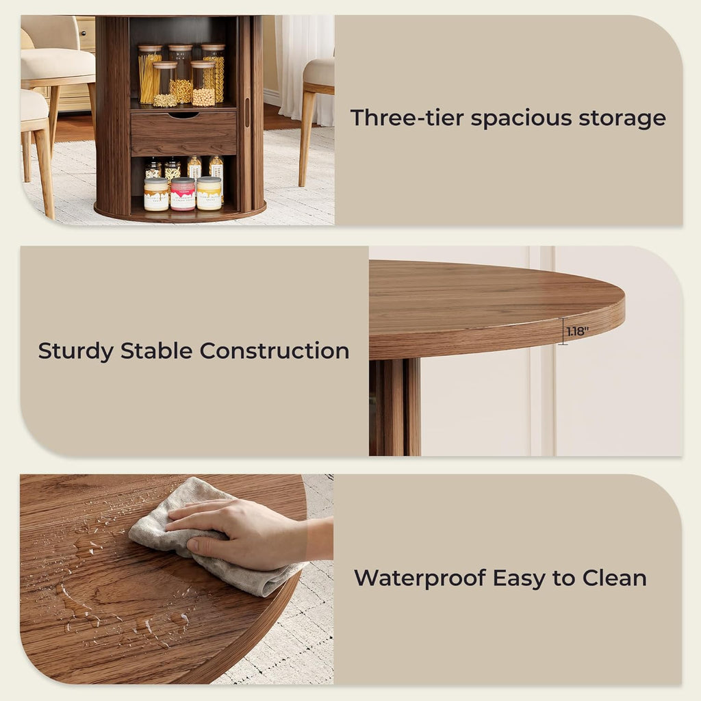 47 Inch Round Dining Table for 4-6, Farmhouse Kitchen Table with 2-Layer Storage Shelf & Drawer and Sliding Door, Sturdy Wooden Dining Table with Fluted Pedestal Base for Kitchen, Living Room, Walnut