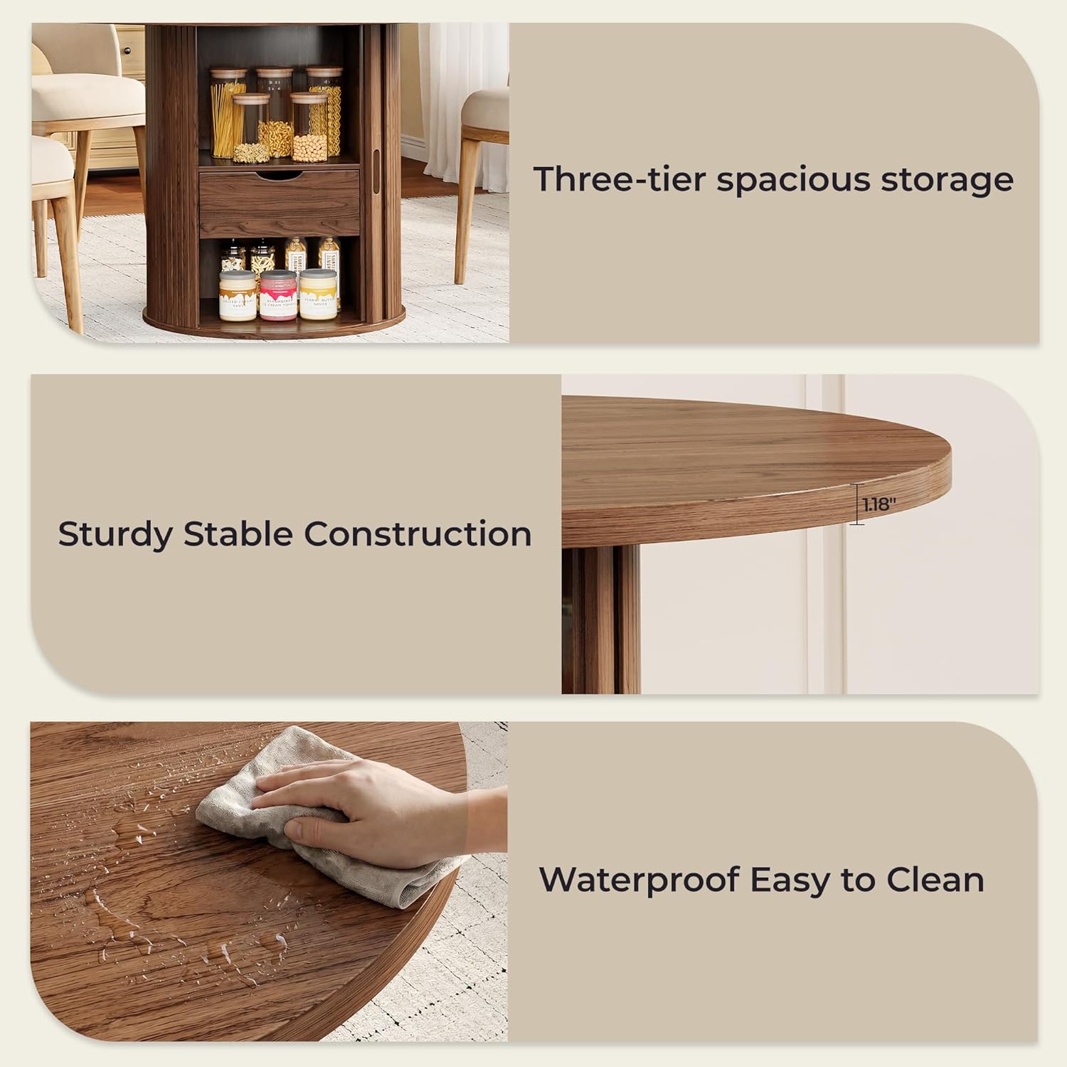 47 Inch Round Dining Table for 4-6, Farmhouse Kitchen Table with 2-Layer Storage Shelf & Drawer and Sliding Door, Sturdy Wooden Dining Table with Fluted Pedestal Base for Kitchen, Living Room, Walnut