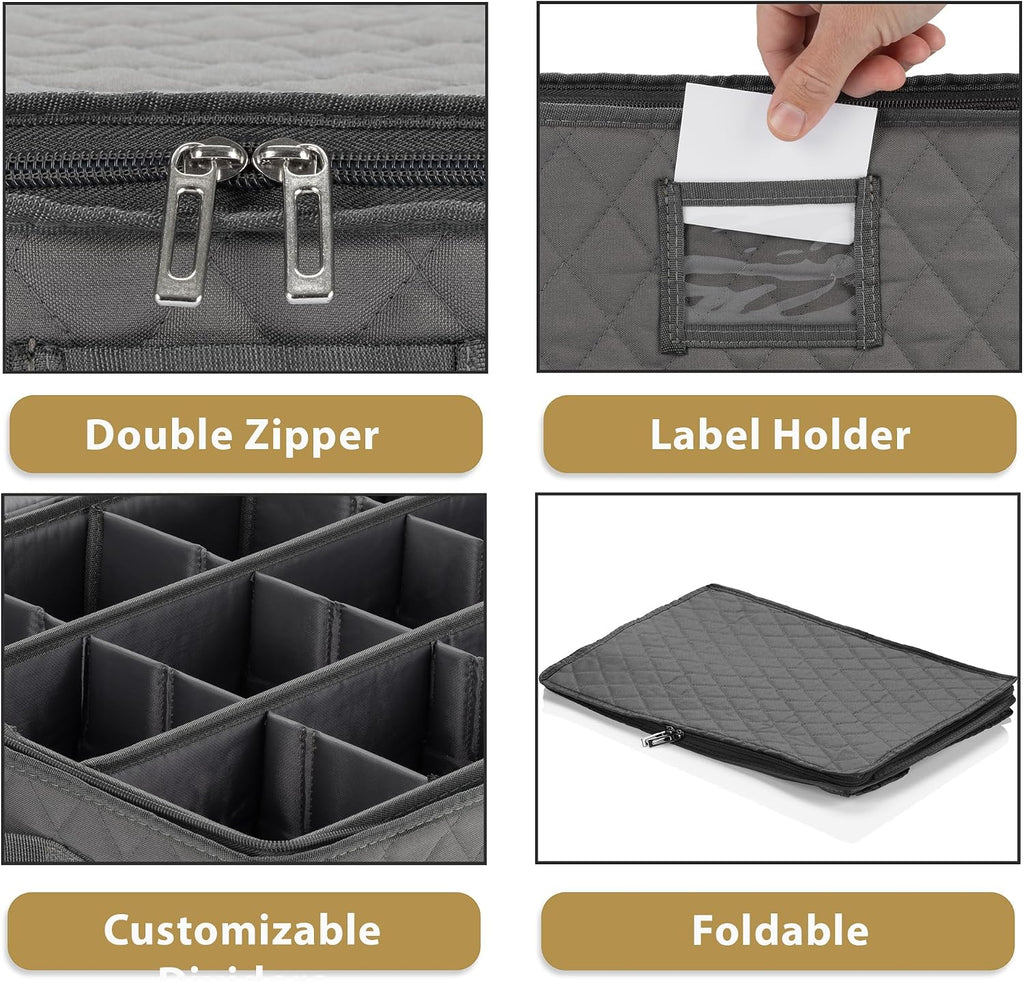 2 Pack - China Cup Storage Chests Hold 24 Coffee Cups or Mugs – Stackable Glassware Organizer with Customizable Dividers and Inner Case for Extra Protection – Gray