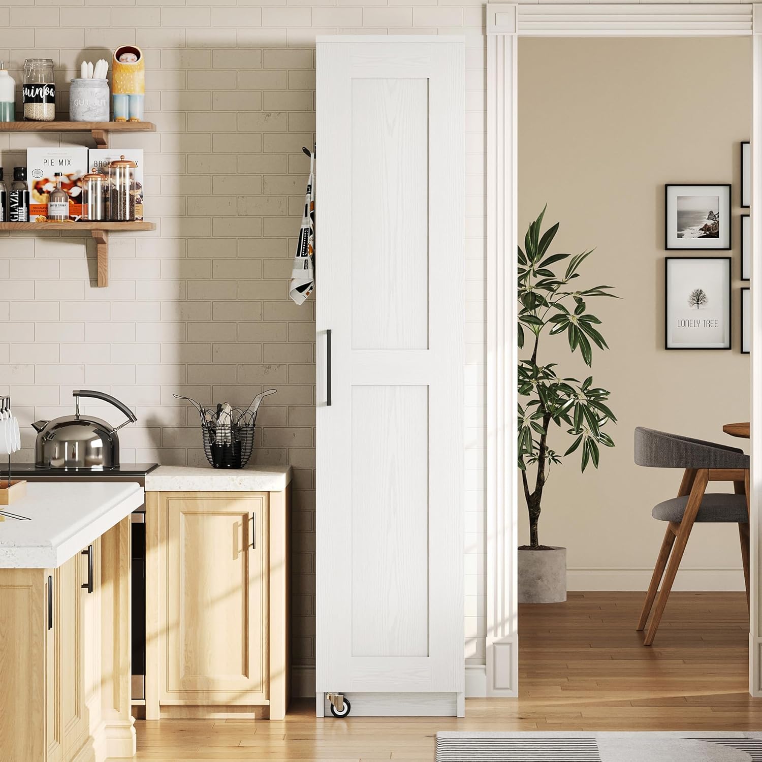 IRONCK Narrow Kitchen Pantry Storage Cabinet, 72" Slim Single Door with 6 Adjustable Shelves, Door Rack and Wheels, Space Saving Freestanding Storage Floor Cabinet for Small Place, White