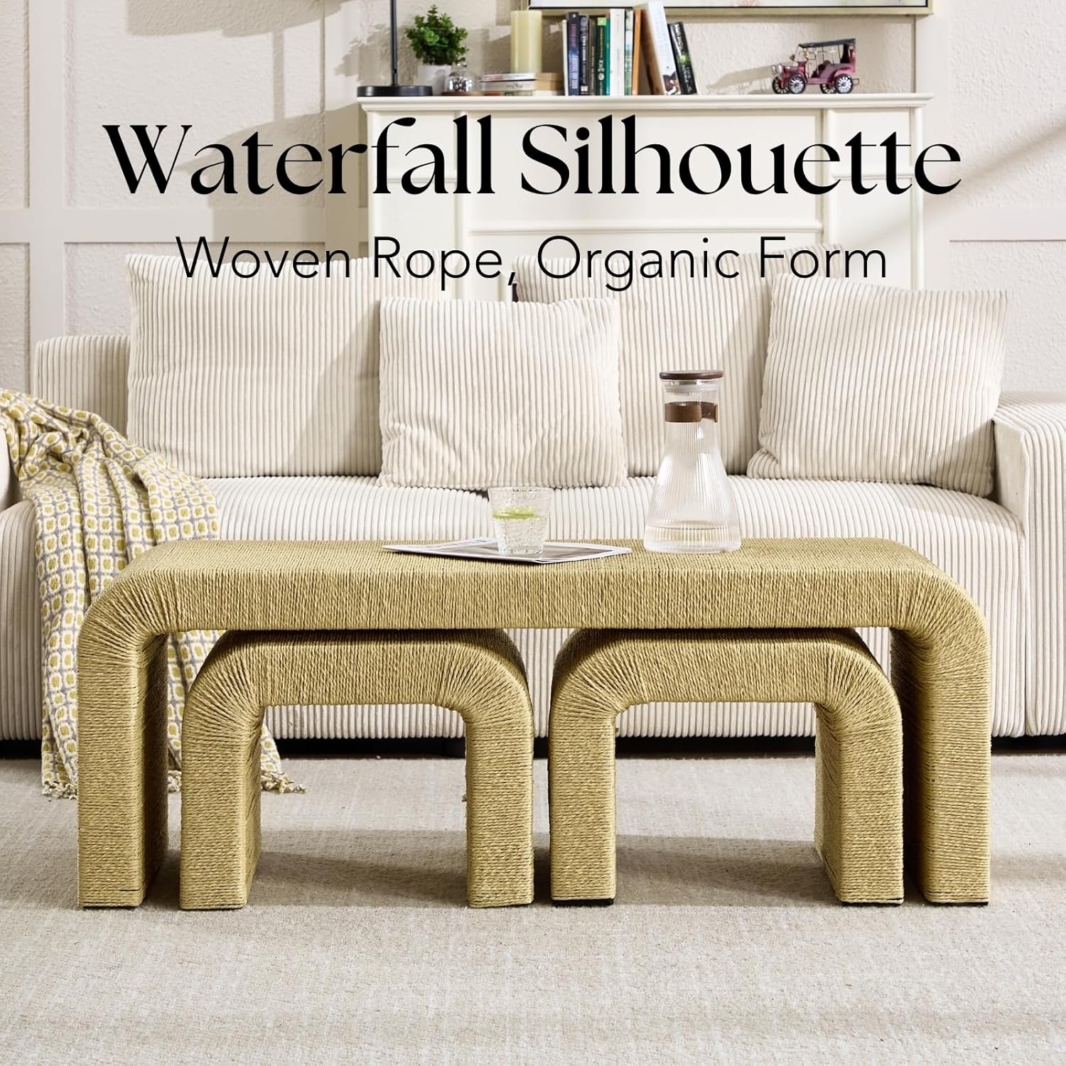 LZAREAL 3-Piece Nesting Woven Rope Coffee Table Set, 47" Boho Waterfall Living Room Table with 2 Stools Underneath, Modern Coastal Center Table Tea Table, Natural