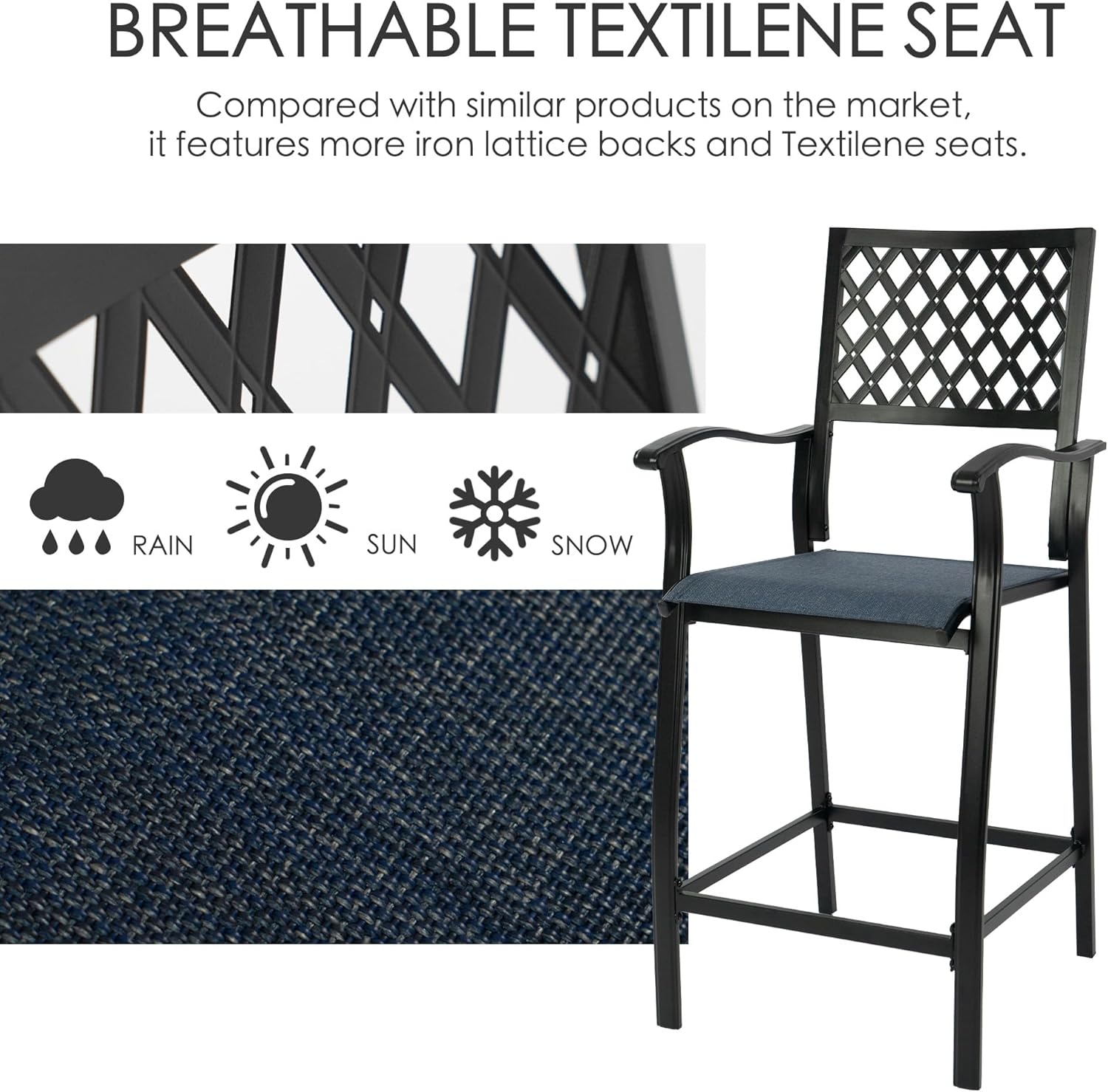 Kozyard Outdoor Counter Height Bar Stools Set of 2, Patio Bar Chairs with Wrought Iron Frame & Textilene Fabric, Outdoor Dining Chairs for Patio, Poolside, Backyard Navy Blue