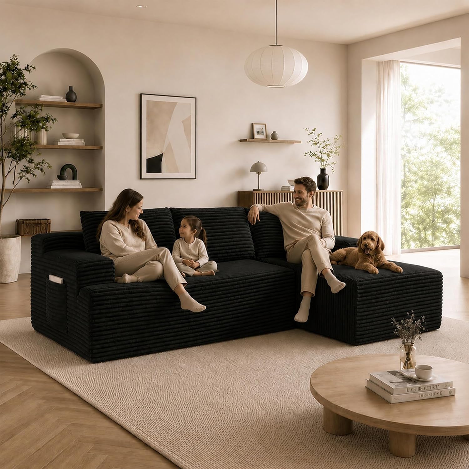 Boneless Couch Comfy Sectional Couches for Living Room,U Shaped Modular Cloud Couch Sofa, Minimalist Modular Sectional Sofa with Deep Seat (Black, 96" L Shaped with Right Facing Chaise)