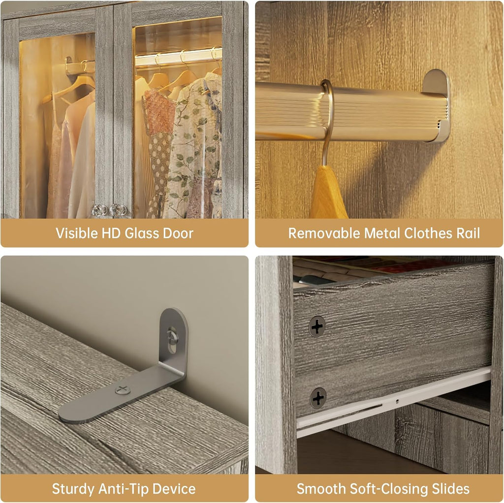 VOWNER 75" Tall Armoire Wardrobe Closet with 2 Glass Doors | Adjustable 3-color Lighting, Clothing Storage Cabinet with Hanging Rod, Wooden Armoire Storage Cabinet for Bedroom (Grey Oak)