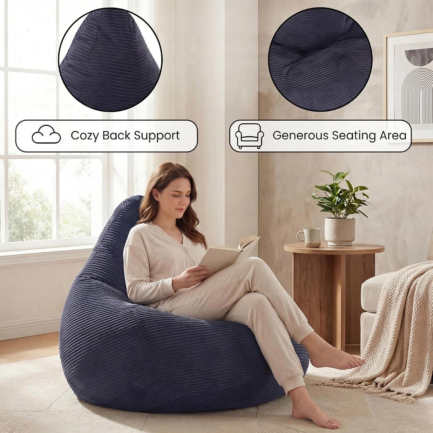 COSTWAY Bean Bag Chair for Adults & Kids, Corduroy Beanbag Chair for Teens, Comfy Sponge Filling Soft Lazy Sofa Chair for Living Room, Bedroom (Navy, 32"x35"x28")