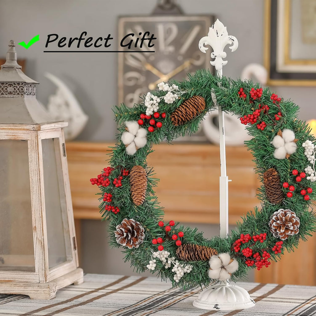 Wreath Stands for Display, Adjustable Wreath Holder Stand, Cast Iron White Retro Wreath Hanger 18" to 26" with Heavy Base, Fleur-De-Lis Tall Floor and Tabletop Christmas Wreath Stands