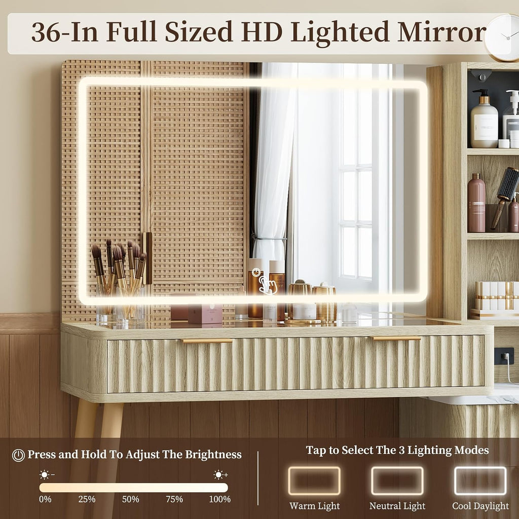 44'' Fluted Makeup Vanity Desk with 36" LED Mirror & Charging Station