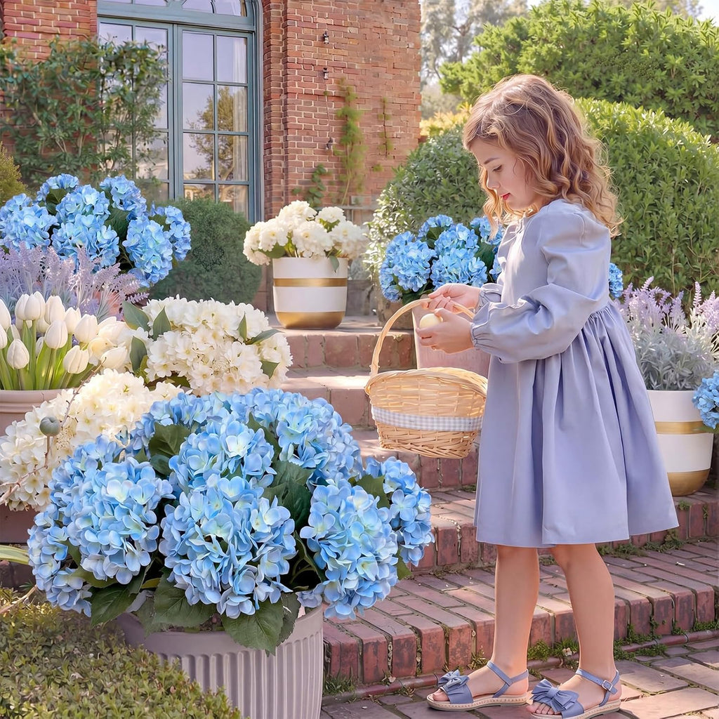 Janinka 3 Pcs Blue Artificial Hydrangea Outdoor Flowers Large Faux Hydrangea Bouquet with 3 Heads Uv-Resistant Waterproof Fake Floral for Table Centerpieces Wedding Yard Garden Decoration