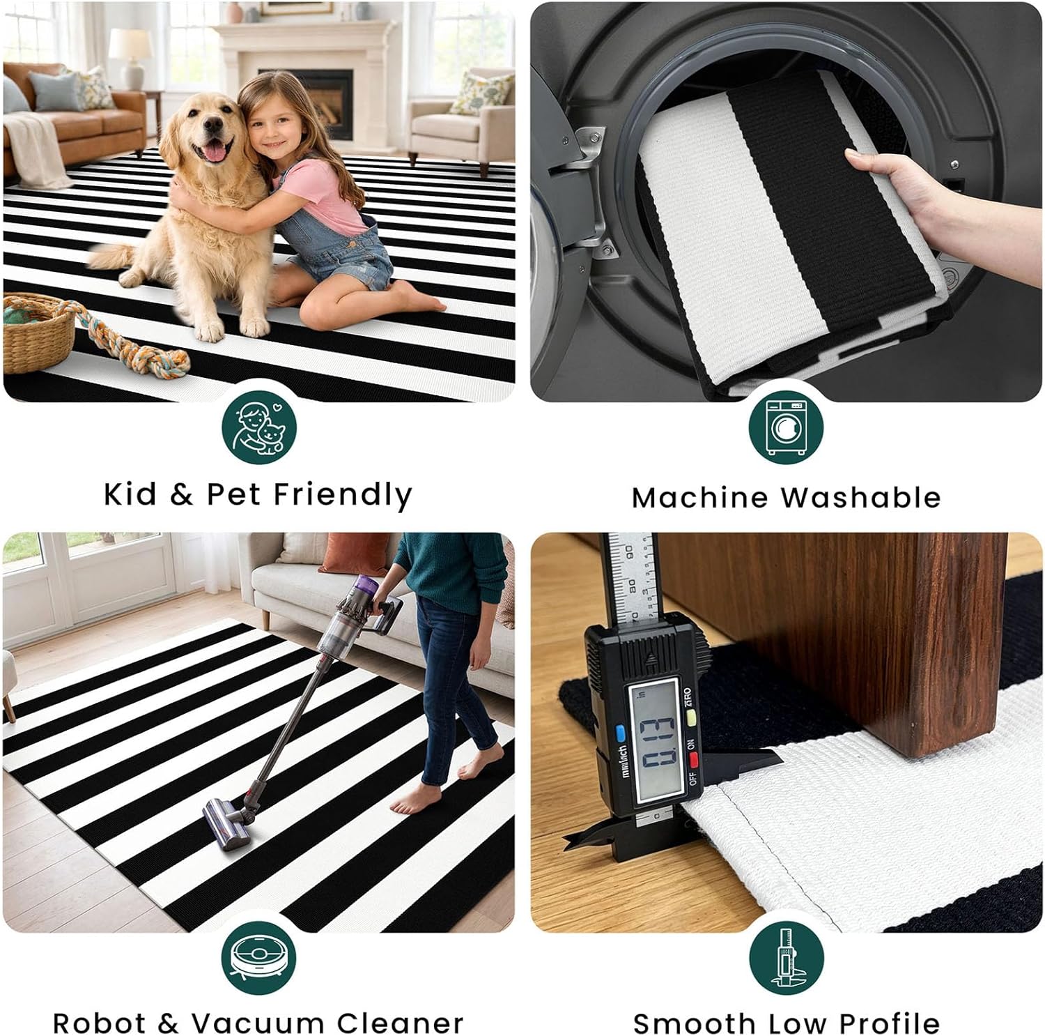 KOZYFLY Black White Striped Runner Rug 2x6 ft Woven Washable Hallway Runner Cotton Farmhouse Kitchen Rug for Entryway Porch Patio Laundry Room
