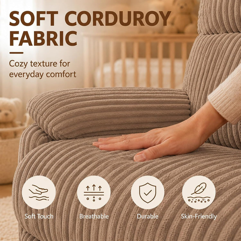 Super Soft Brown Rocking Chair Nursery Recliners, Small Recliner Rocking Chair for Small Spaces, Manual Swivel Glider Recliner for Living Room Bedroom Office, Corduroy, Adjustable Backrest (Brown, 1)