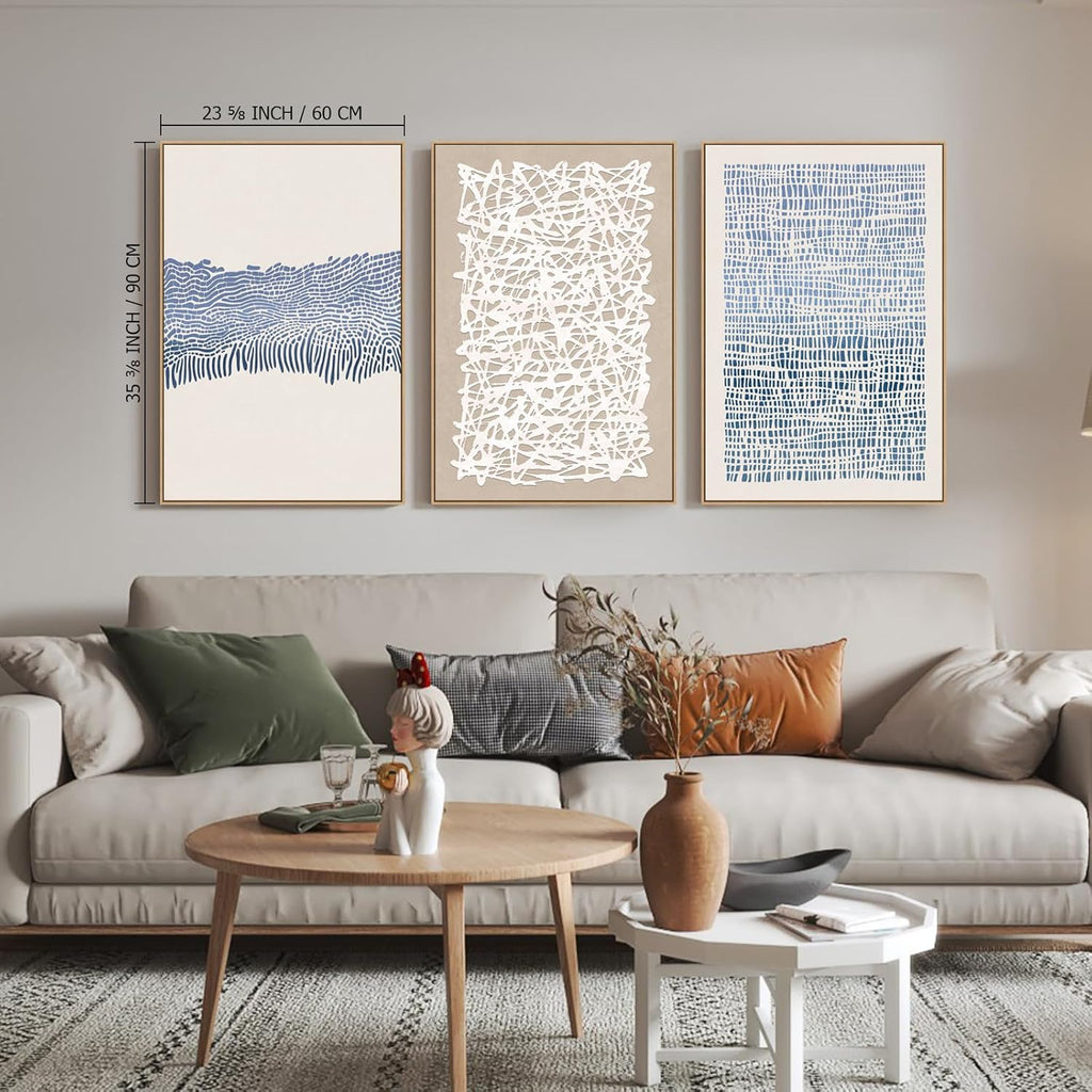 SAFERRYHOME Mid Century Neutral Blue Contrast Boho Wall Art - Modern Framed Canvas Prints Large Abstract Zen Lines Geometric Pattern Decor for Living Room, Home Office, Dining Room - 3 Pieces 24x36 Inch