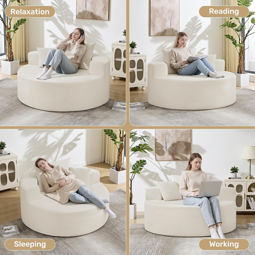 55in Round Chaise Longue Chair Indoor Modern Oversize Upholstered Deep Seat Circle Single Cloud Lounge Floor Sofa Bed with Pillow for Living Room Bedroom Apartment (Beige)