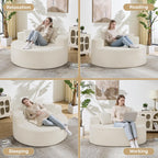 55in Round Chaise Longue Chair Indoor Modern Oversize Upholstered Deep Seat Circle Single Cloud Lounge Floor Sofa Bed with Pillow for Living Room Bedroom Apartment (Beige)