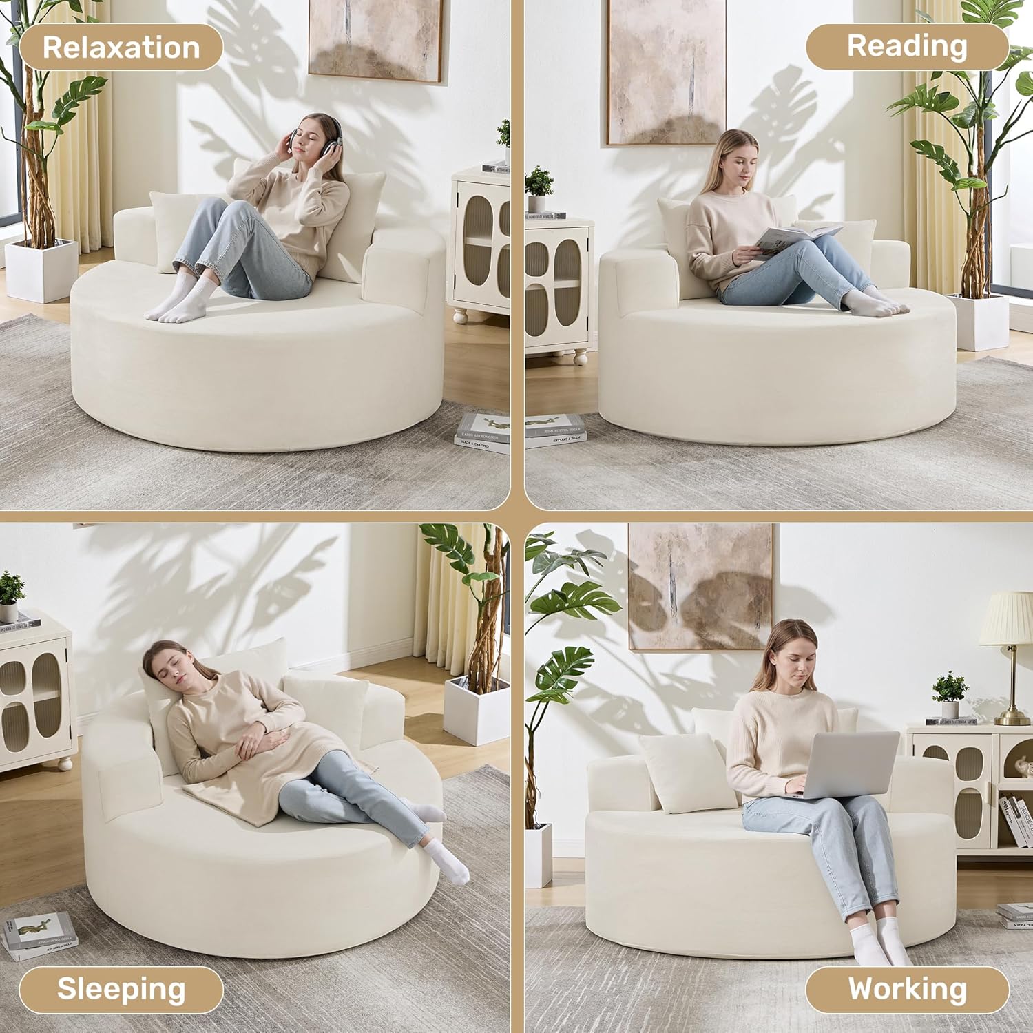 55in Round Chaise Longue Chair Indoor Modern Oversize Upholstered Deep Seat Circle Single Cloud Lounge Floor Sofa Bed with Pillow for Living Room Bedroom Apartment (Beige)