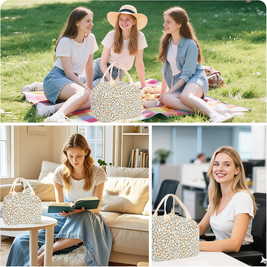 Cotton Quilted Insulated Lunch Bag, Cute Quilted Floral Lunch Tote Bags Reusable Insulated Lunch Box Coquette Aesthetic Large Capacity Insulated Cooler for Women Work Travel Picnic (Orange Flower)
