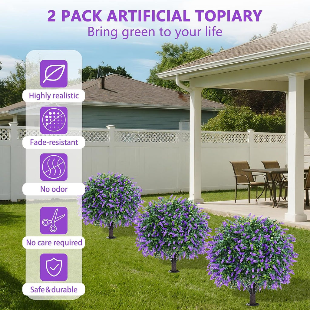 Yangrass Artificial Lavender Topiary Ball Trees with Ground Spike, Set of 2 UV Resistant Artificial Shrubs, Fake Evergreen Artificial Plant Bush for Indoor Outdoor Front Porch Garden