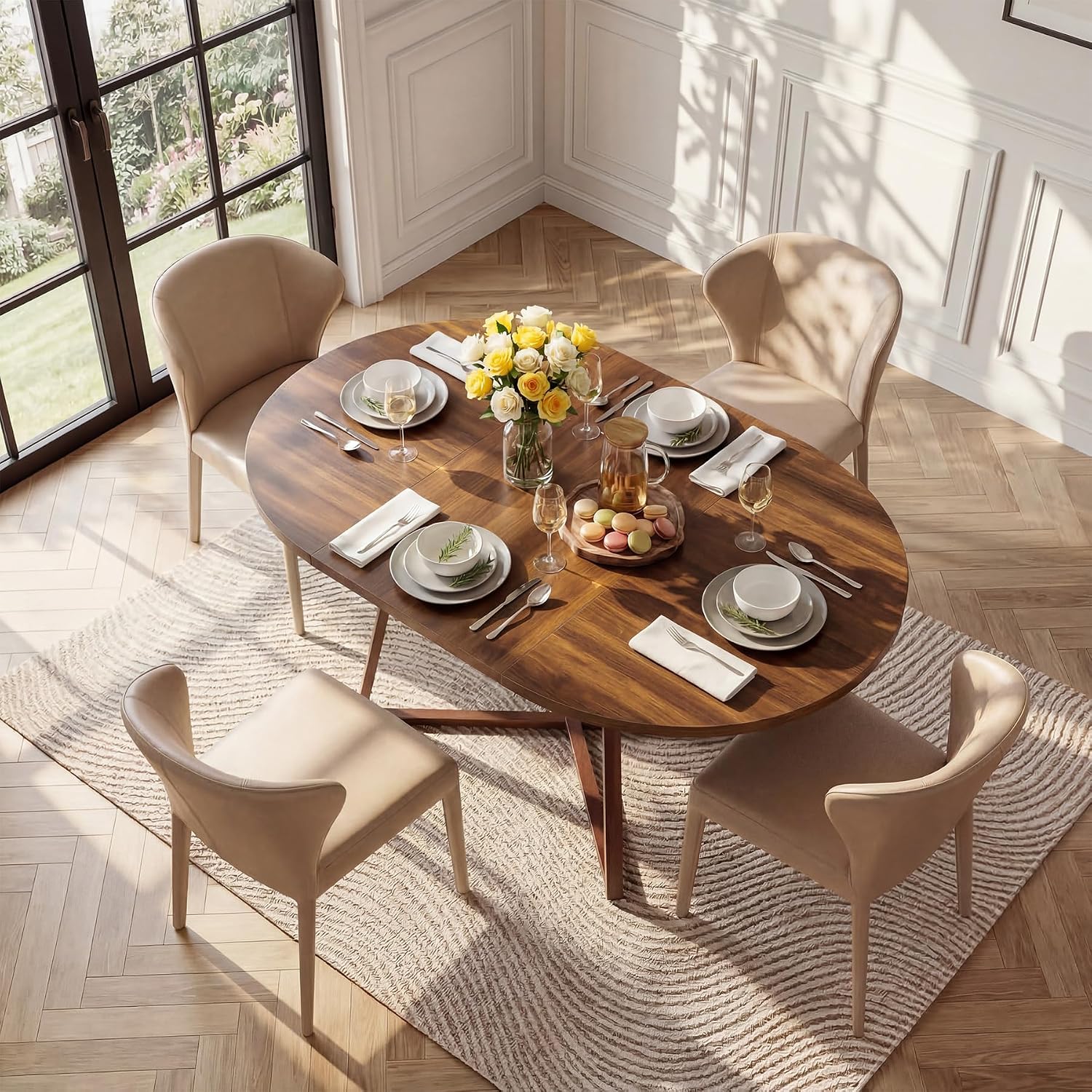 LITTLE TREE 59-Inch Oval Wooden Dining Table for 4-6, Kitchen Round Table with Metal Cross Base, Modern Farmhouse Dining Table for Small Space, Dining Room, Apartment, Living Room, Walnut (Table Only)
