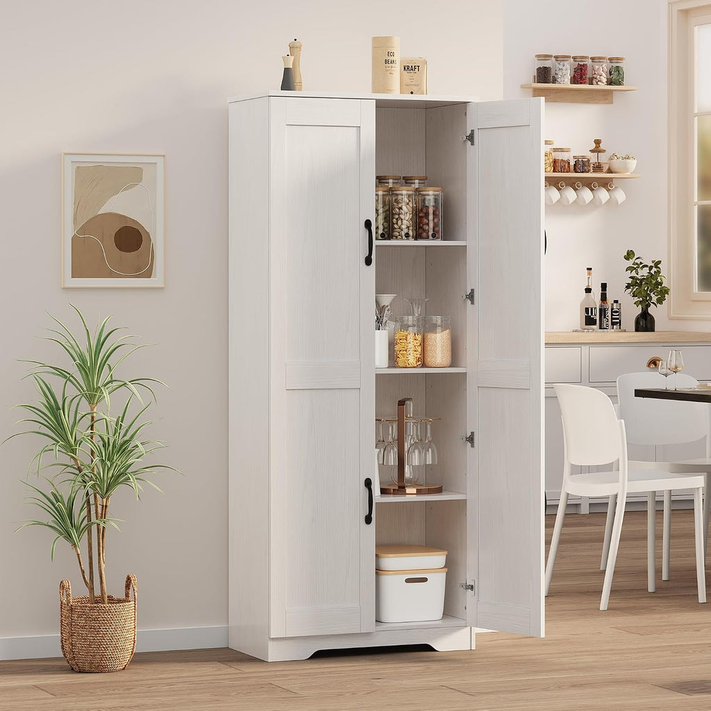 Garvee Tall Pantry Cabinet, 60" Kitchen Storage Cabinet with 2 Doors & Adjustable Shelves, Freestanding Wooden Cupboard for Bathroom，Dining Room, Living Room,White